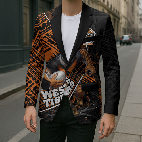 Wests Tigers Rugby Blazer Tribal Polynesian Power Art - Lightning Mascot