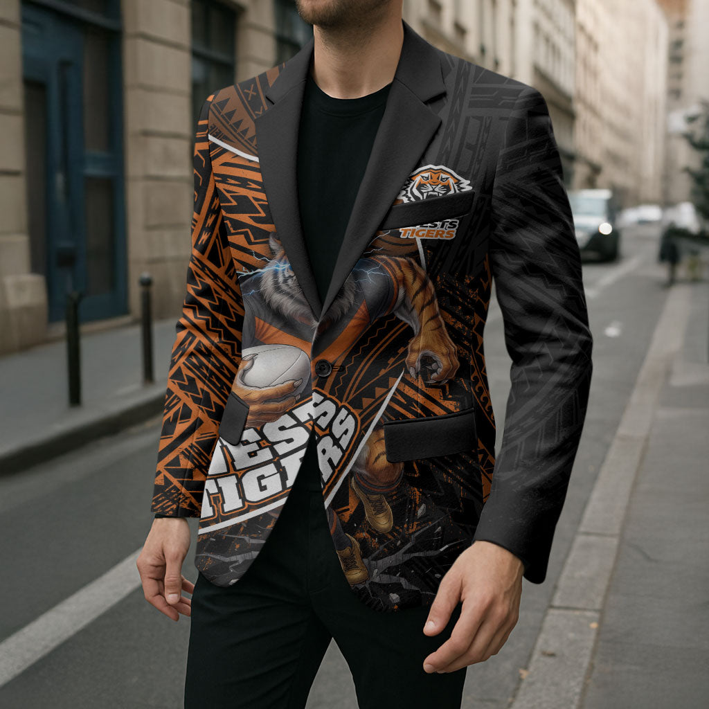 Wests Tigers Rugby Blazer Tribal Polynesian Power Art - Lightning Mascot