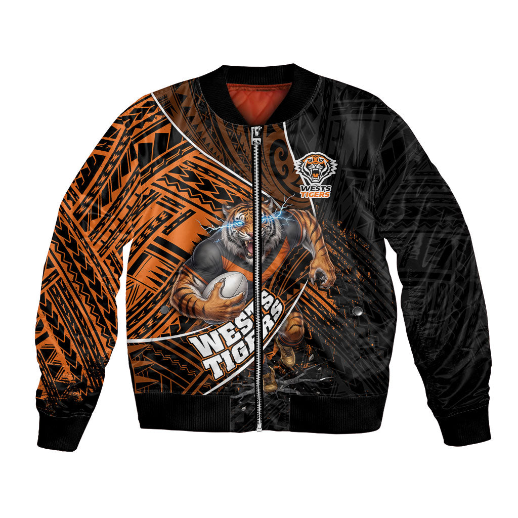 Wests Tigers Rugby Bomber Jacket Tribal Polynesian Power Art - Lightning Mascot