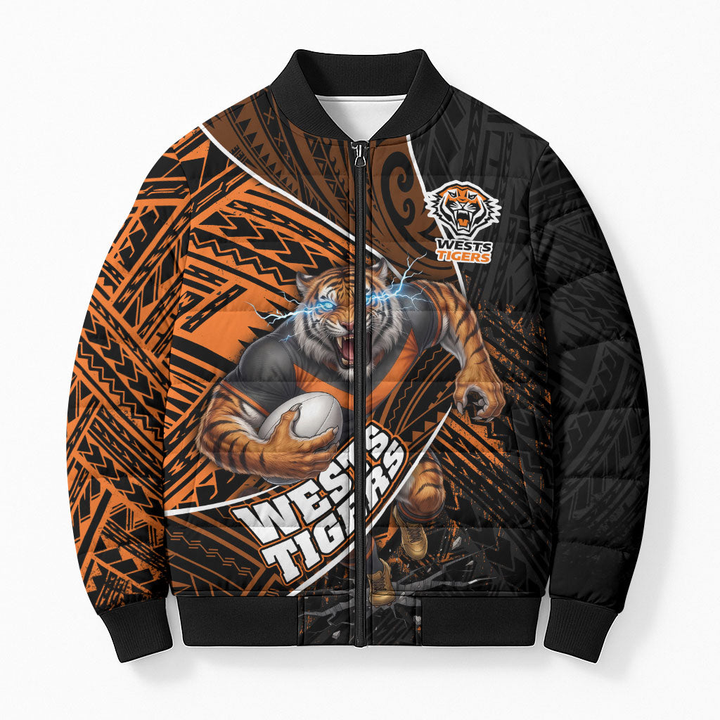 Wests Tigers Rugby Bomber Puffer Jacket Tribal Polynesian Power Art - Lightning Mascot