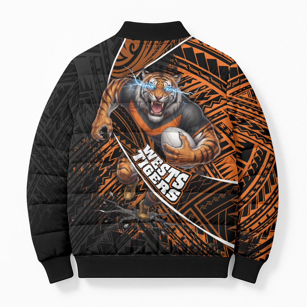 Wests Tigers Rugby Bomber Puffer Jacket Tribal Polynesian Power Art - Lightning Mascot
