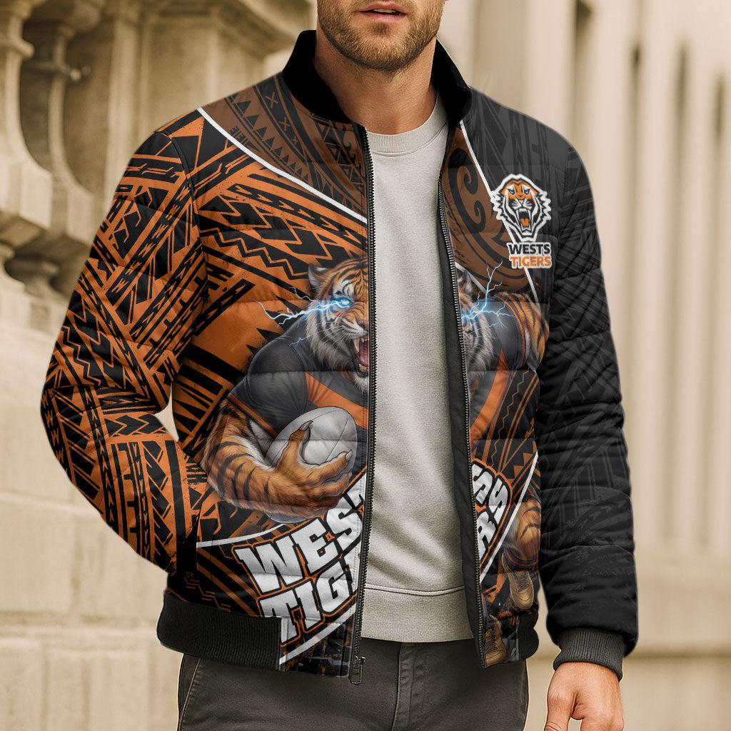 Wests Tigers Rugby Bomber Puffer Jacket Tribal Polynesian Power Art - Lightning Mascot