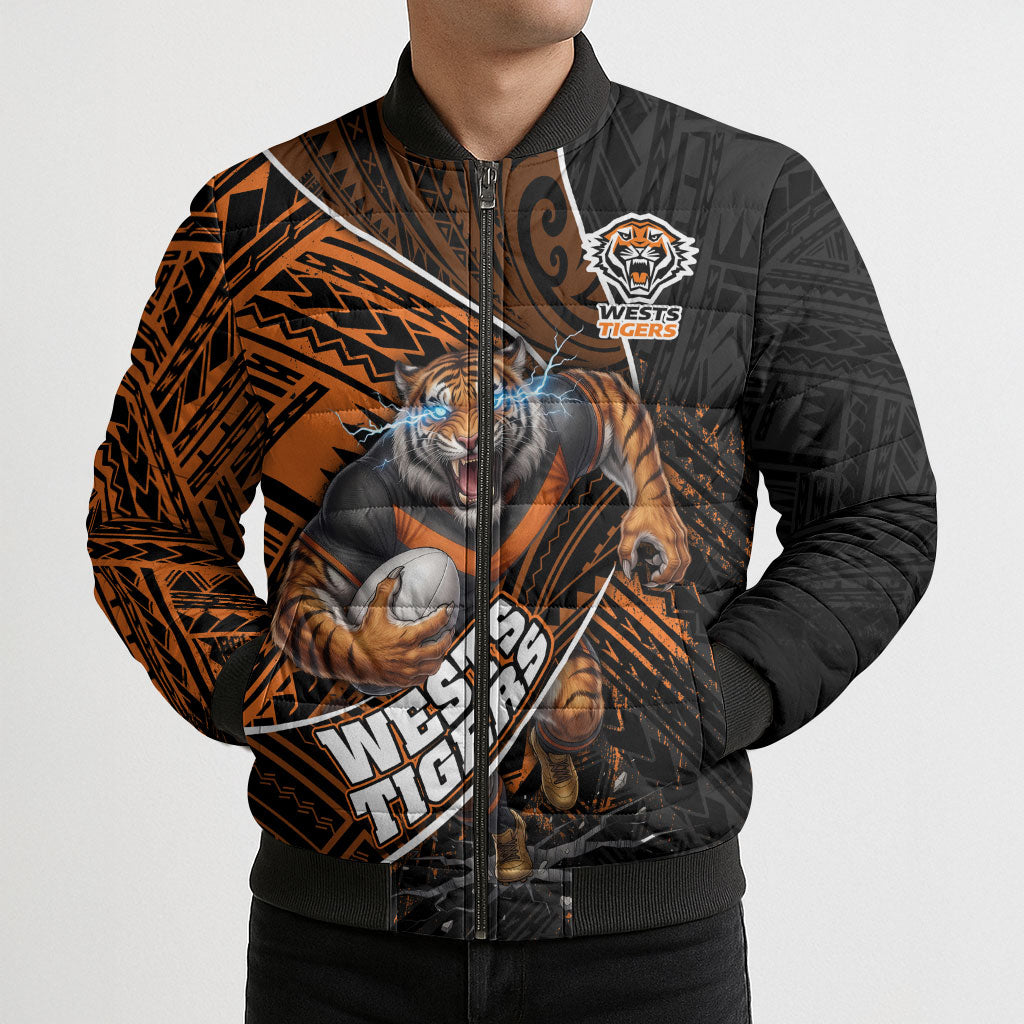 Wests Tigers Rugby Bomber Puffer Jacket Tribal Polynesian Power Art - Lightning Mascot