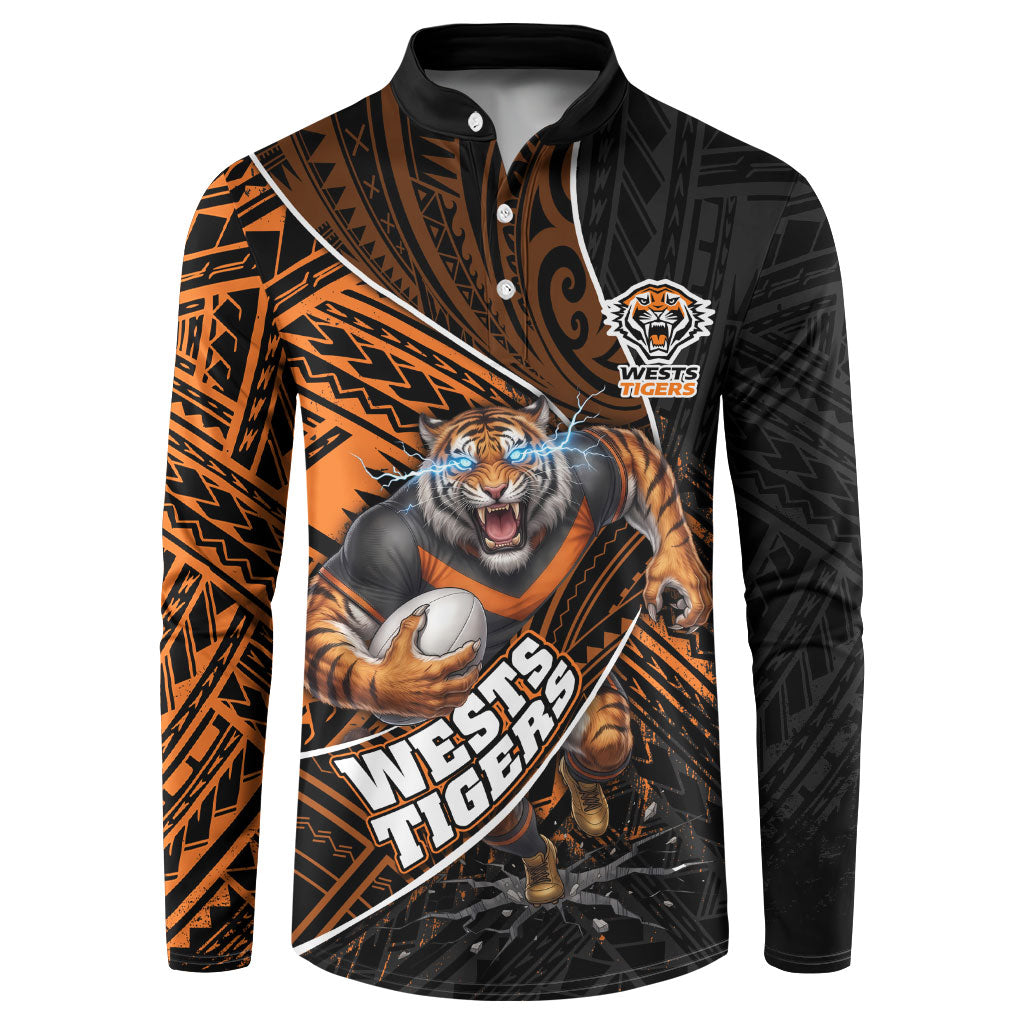 Wests Tigers Rugby Button Sweatshirt Tribal Polynesian Power Art - Lightning Mascot