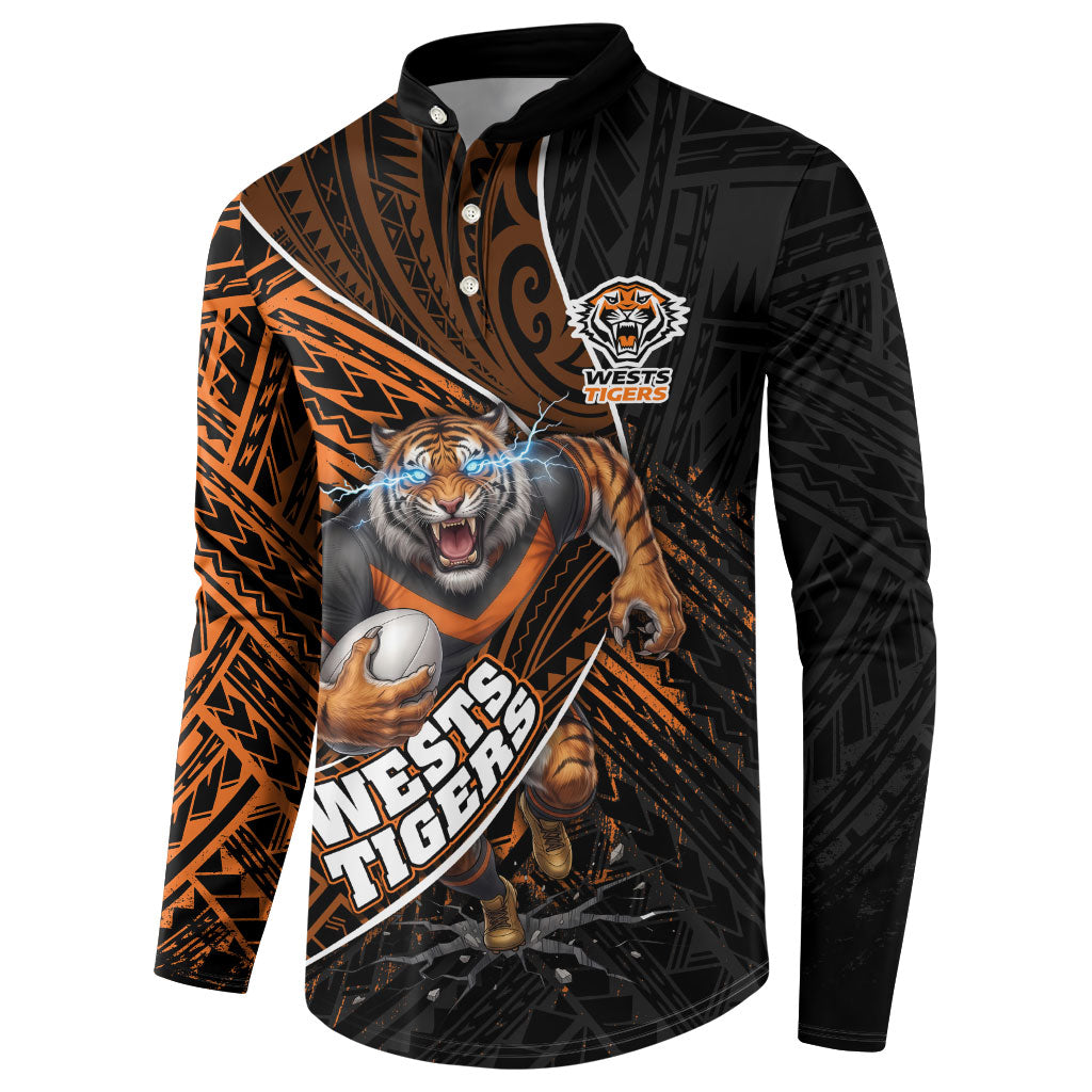 Wests Tigers Rugby Button Sweatshirt Tribal Polynesian Power Art - Lightning Mascot