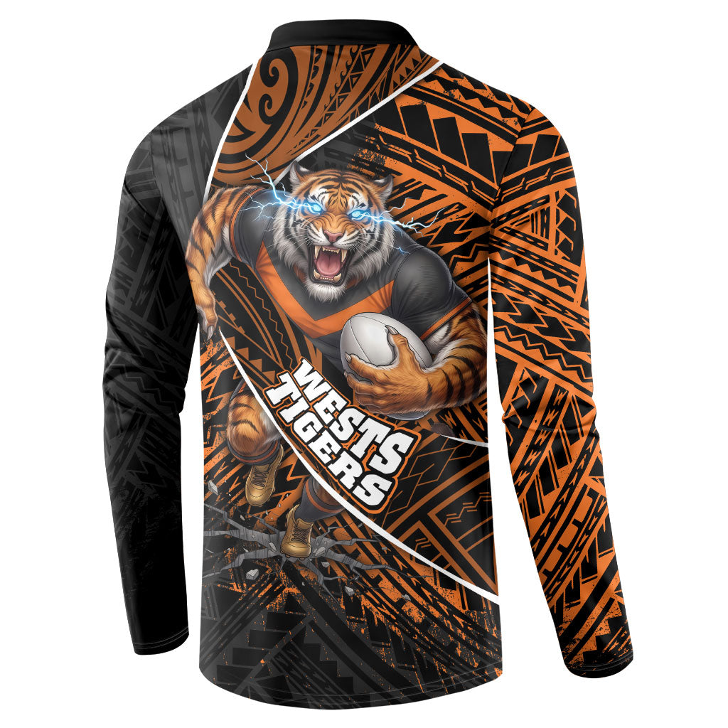 Wests Tigers Rugby Button Sweatshirt Tribal Polynesian Power Art - Lightning Mascot