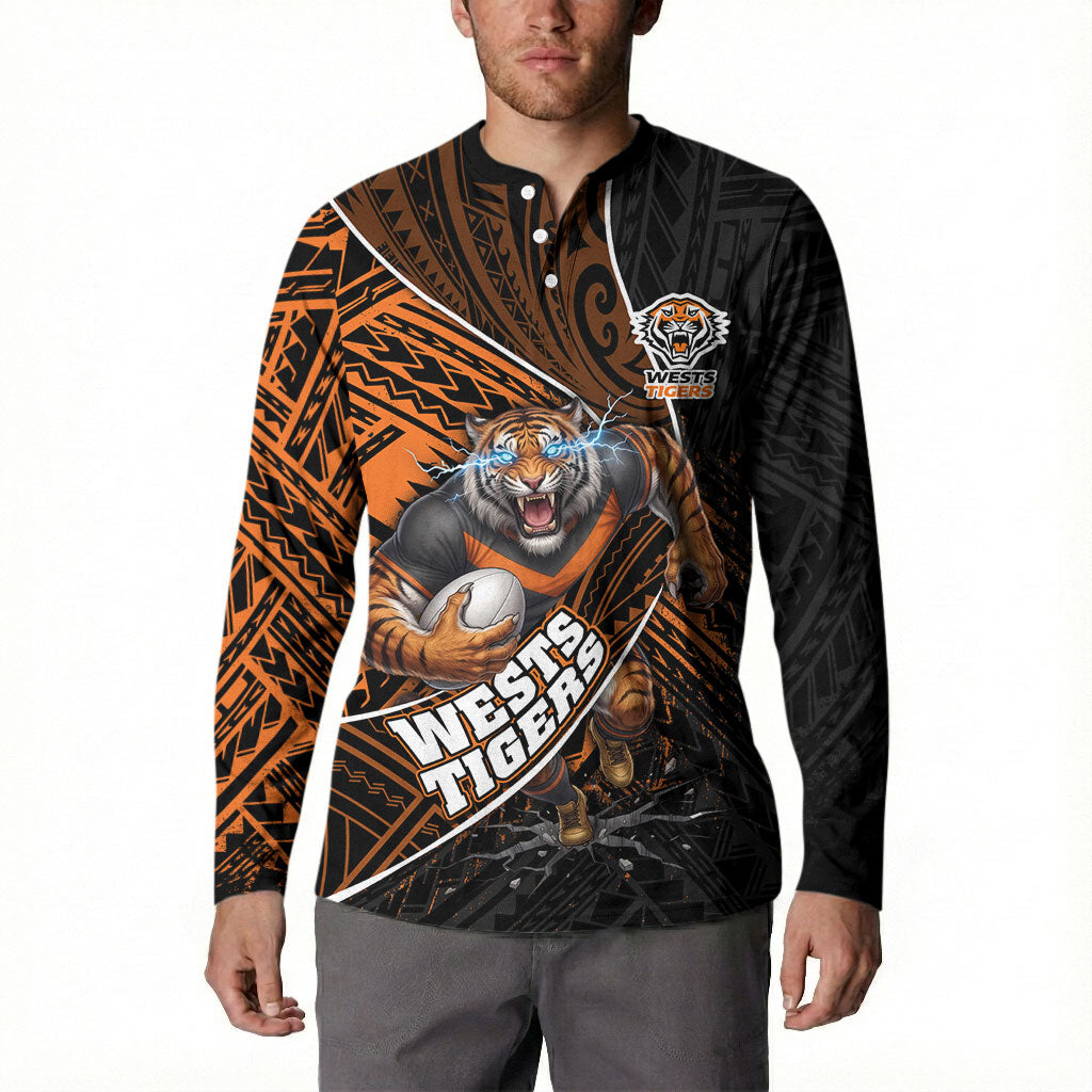 Wests Tigers Rugby Button Sweatshirt Tribal Polynesian Power Art - Lightning Mascot