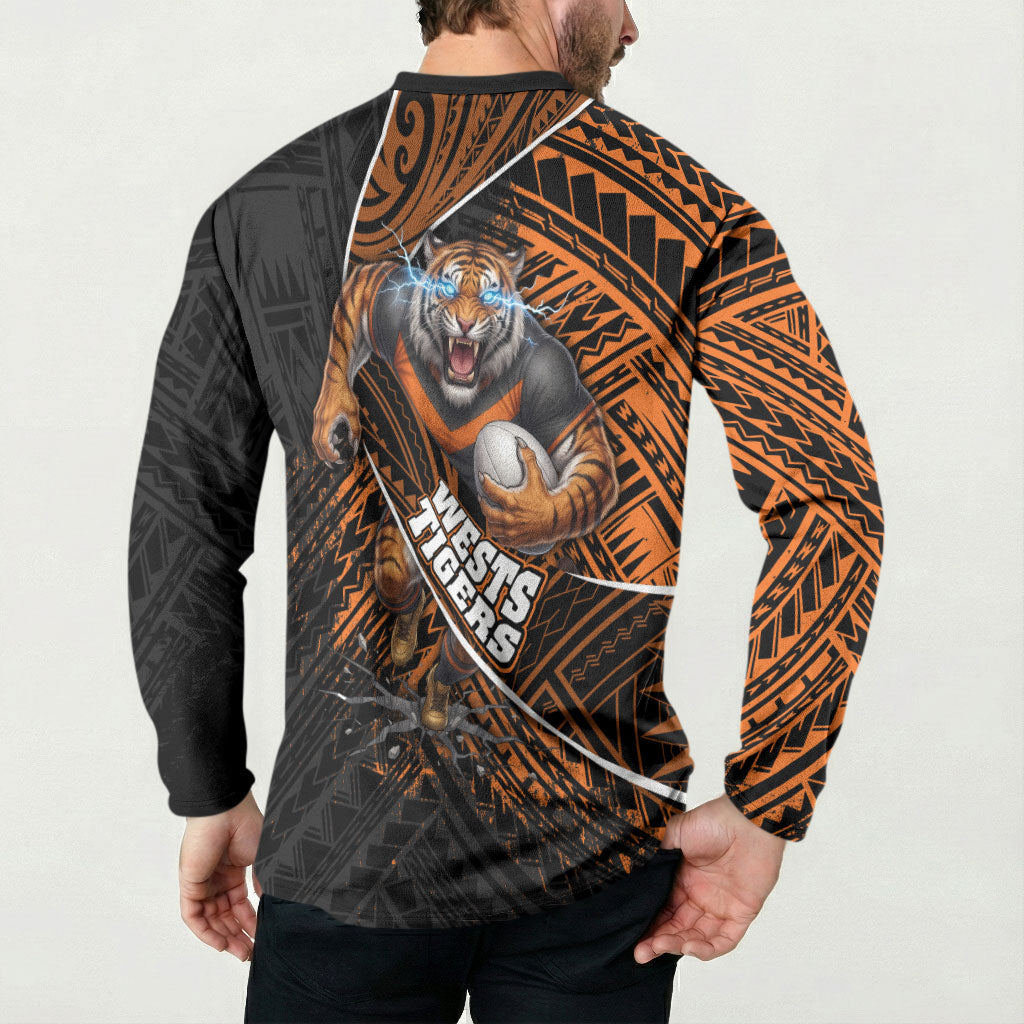 Wests Tigers Rugby Button Sweatshirt Tribal Polynesian Power Art - Lightning Mascot