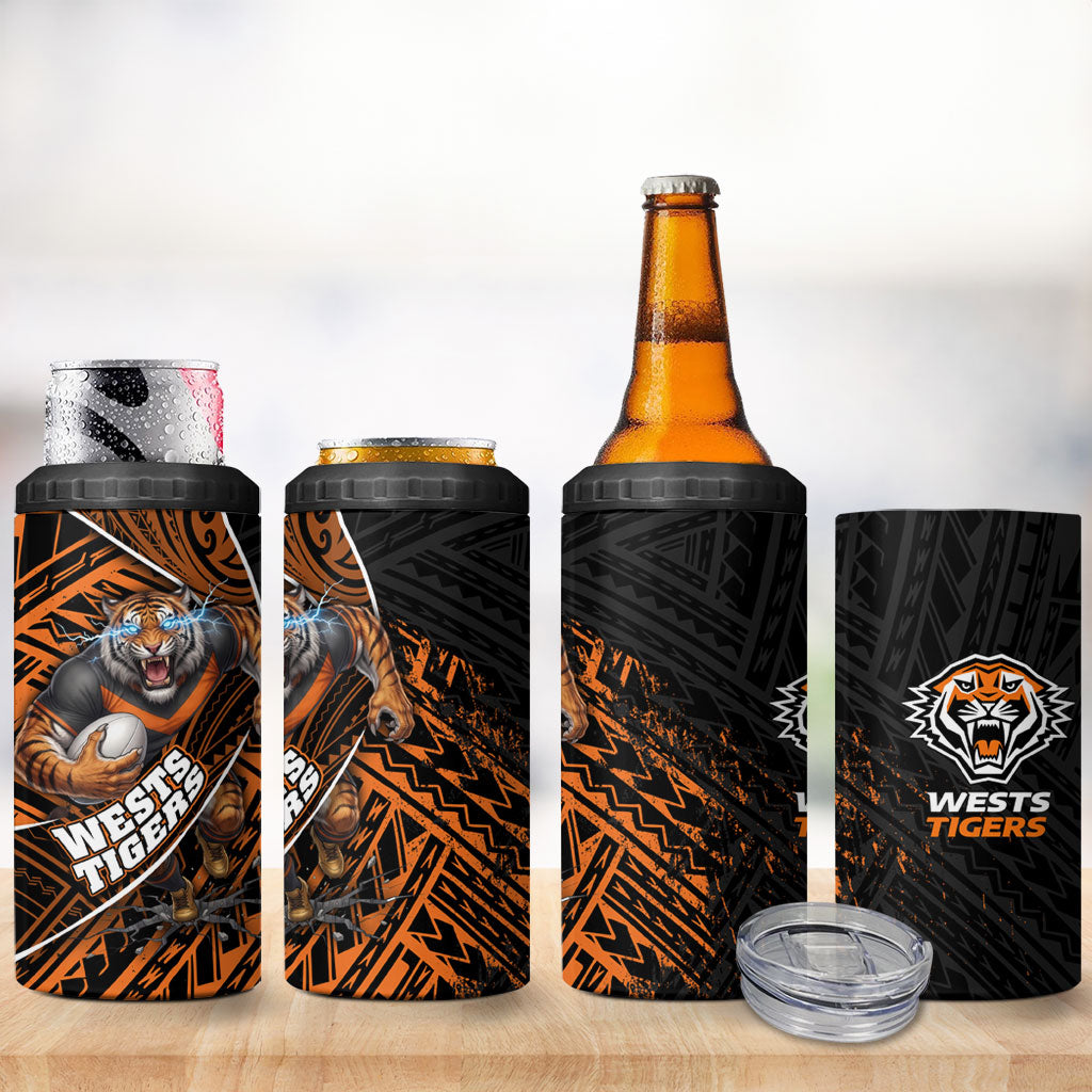 Wests Tigers Rugby 4 in 1 Can Cooler Tumbler Tribal Polynesian Power Art - Lightning Mascot