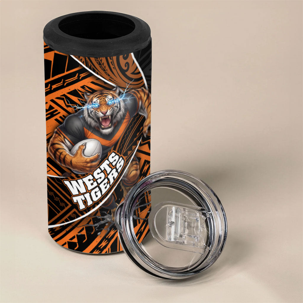 Wests Tigers Rugby 4 in 1 Can Cooler Tumbler Tribal Polynesian Power Art - Lightning Mascot