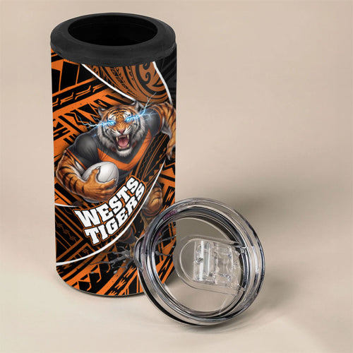 Wests Tigers Rugby 4 in 1 Can Cooler Tumbler Tribal Polynesian Power Art - Lightning Mascot