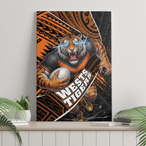 Wests Tigers Rugby Canvas Wall Art Tribal Polynesian Power Art - Lightning Mascot