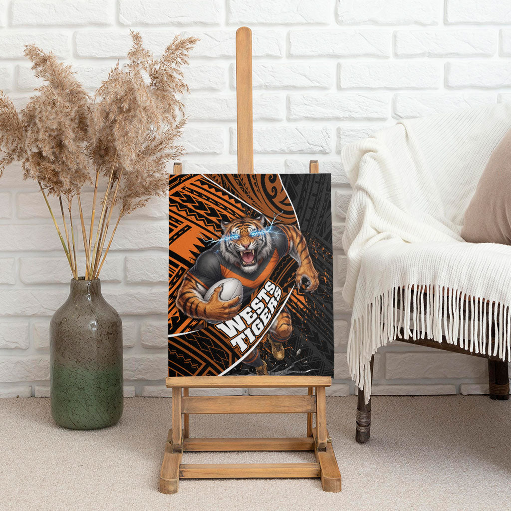 Wests Tigers Rugby Canvas Wall Art Tribal Polynesian Power Art - Lightning Mascot