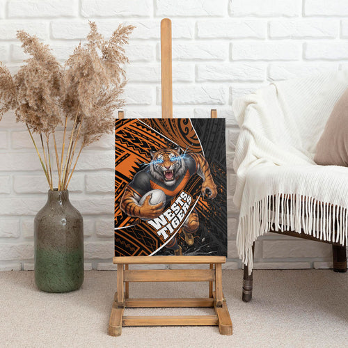 Wests Tigers Rugby Canvas Wall Art Tribal Polynesian Power Art - Lightning Mascot