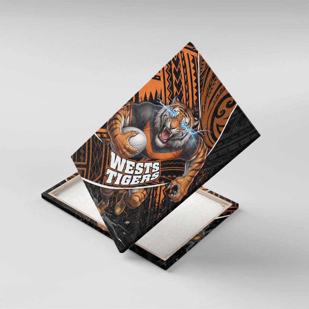 Wests Tigers Rugby Canvas Wall Art Tribal Polynesian Power Art - Lightning Mascot