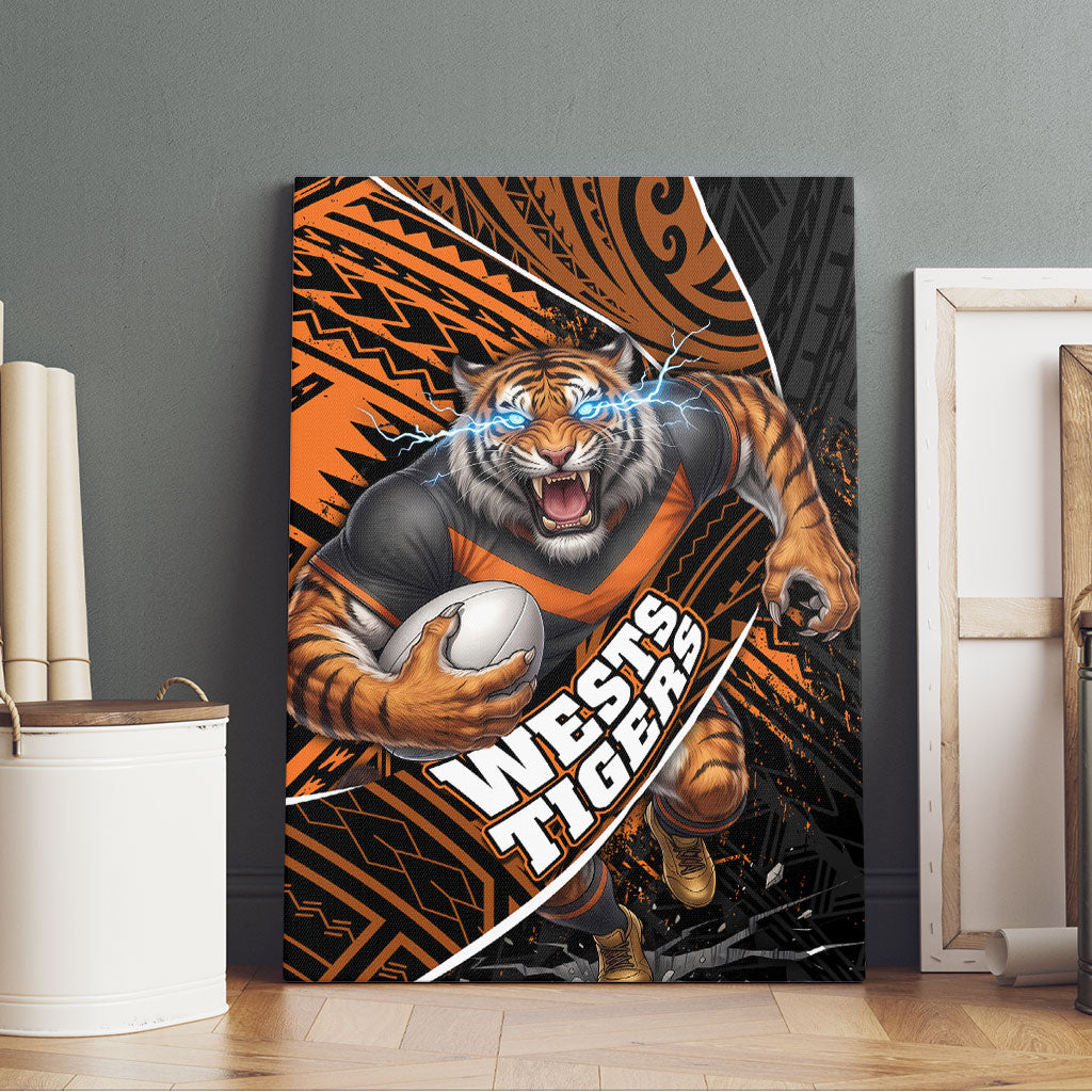 Wests Tigers Rugby Canvas Wall Art Tribal Polynesian Power Art - Lightning Mascot