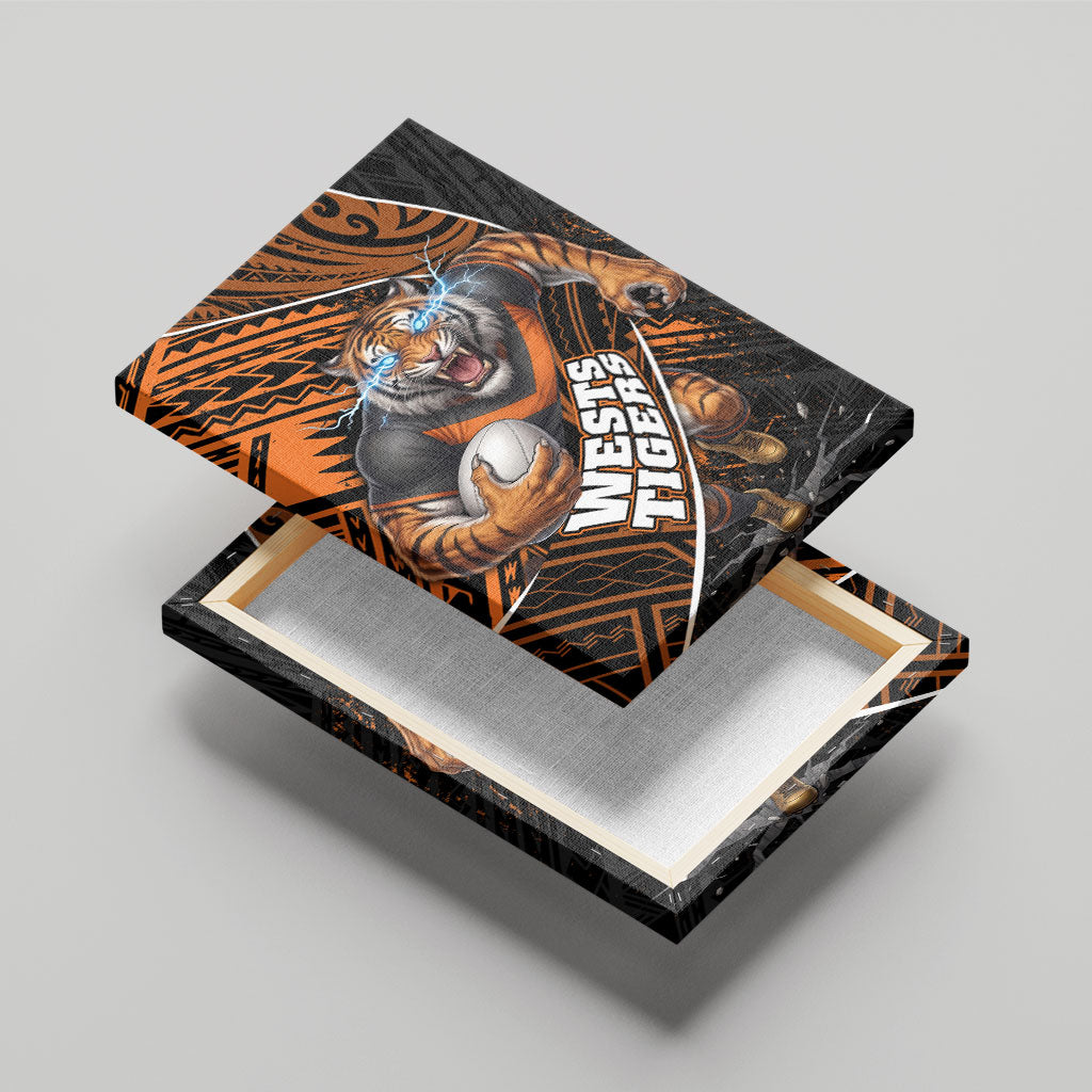 Wests Tigers Rugby Canvas Wall Art Tribal Polynesian Power Art - Lightning Mascot