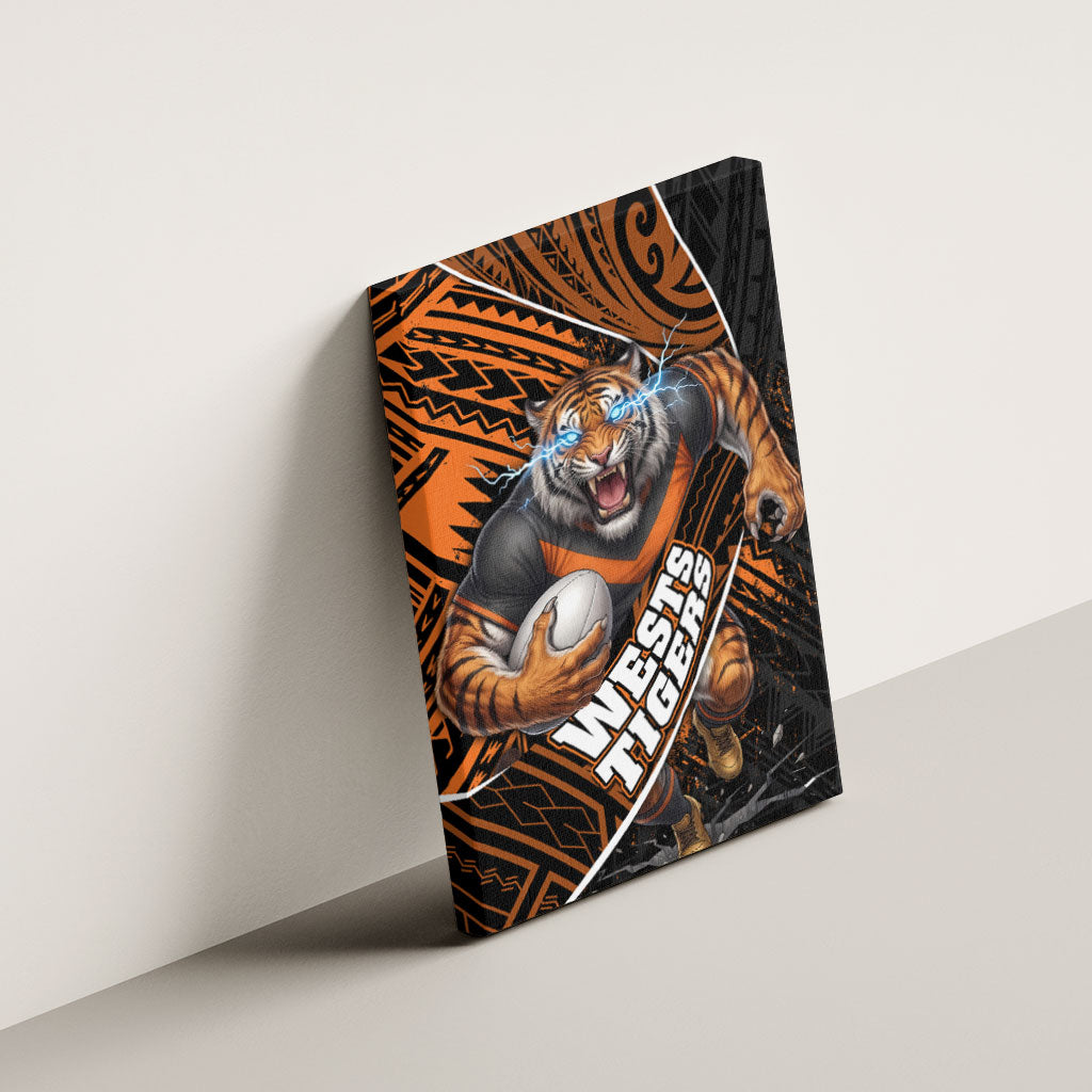 Wests Tigers Rugby Canvas Wall Art Tribal Polynesian Power Art - Lightning Mascot