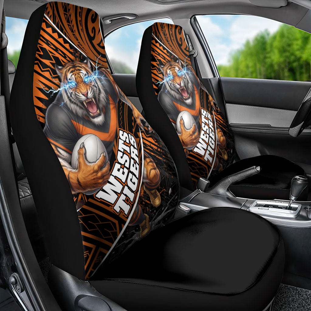 Wests Tigers Rugby Car Seat Cover Tribal Polynesian Power Art - Lightning Mascot