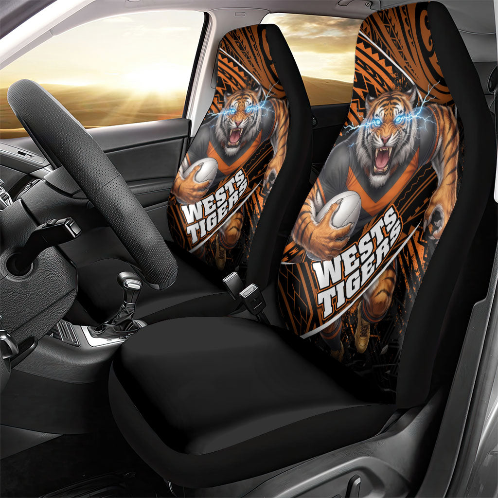 Wests Tigers Rugby Car Seat Cover Tribal Polynesian Power Art - Lightning Mascot
