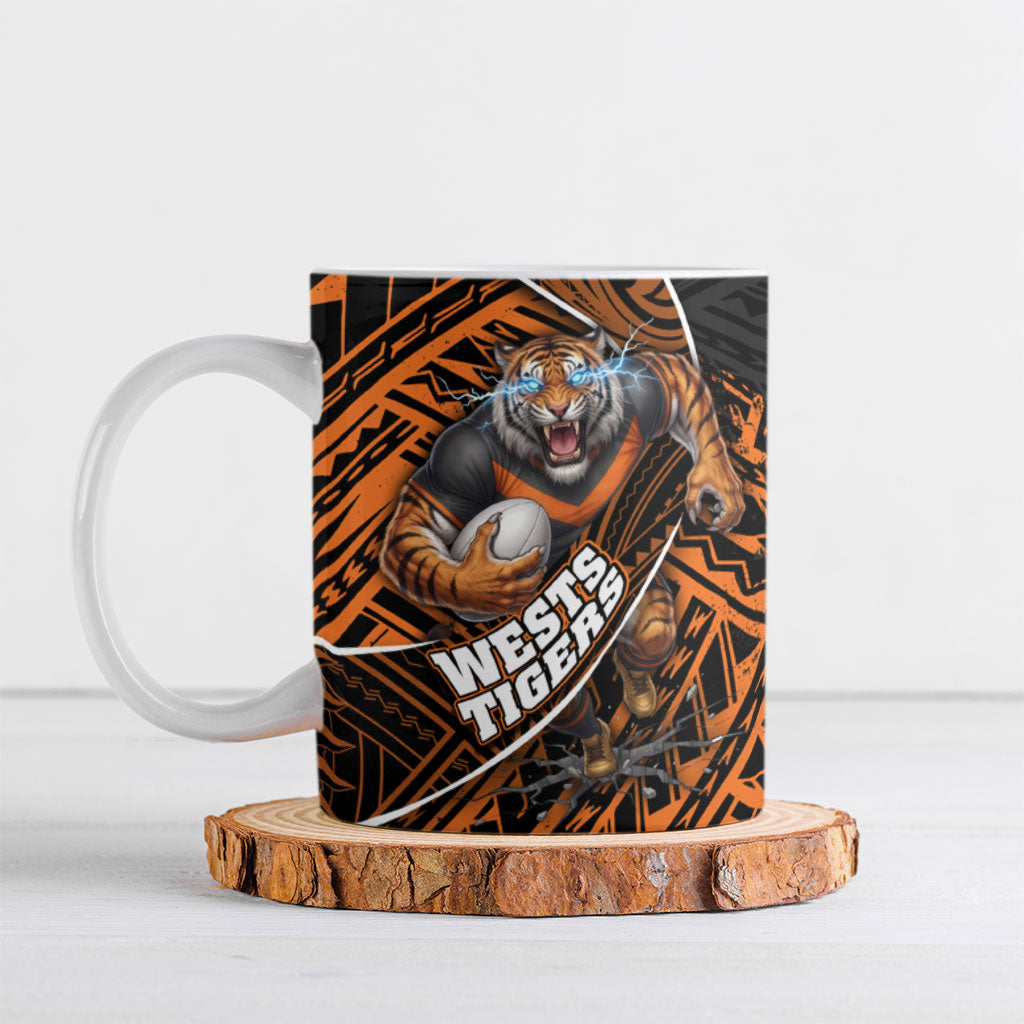 Wests Tigers Rugby Ceramic Mug Tribal Polynesian Power Art - Lightning Mascot