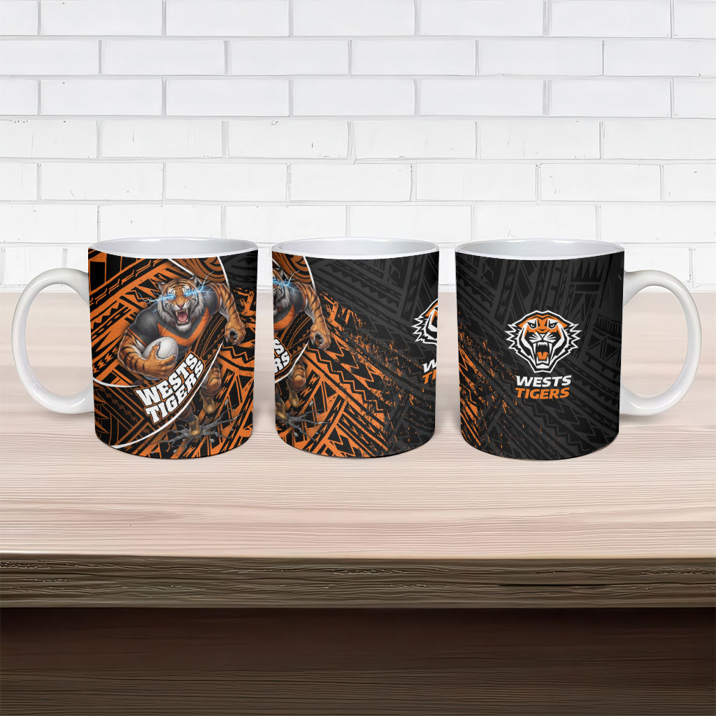 Wests Tigers Rugby Ceramic Mug Tribal Polynesian Power Art - Lightning Mascot