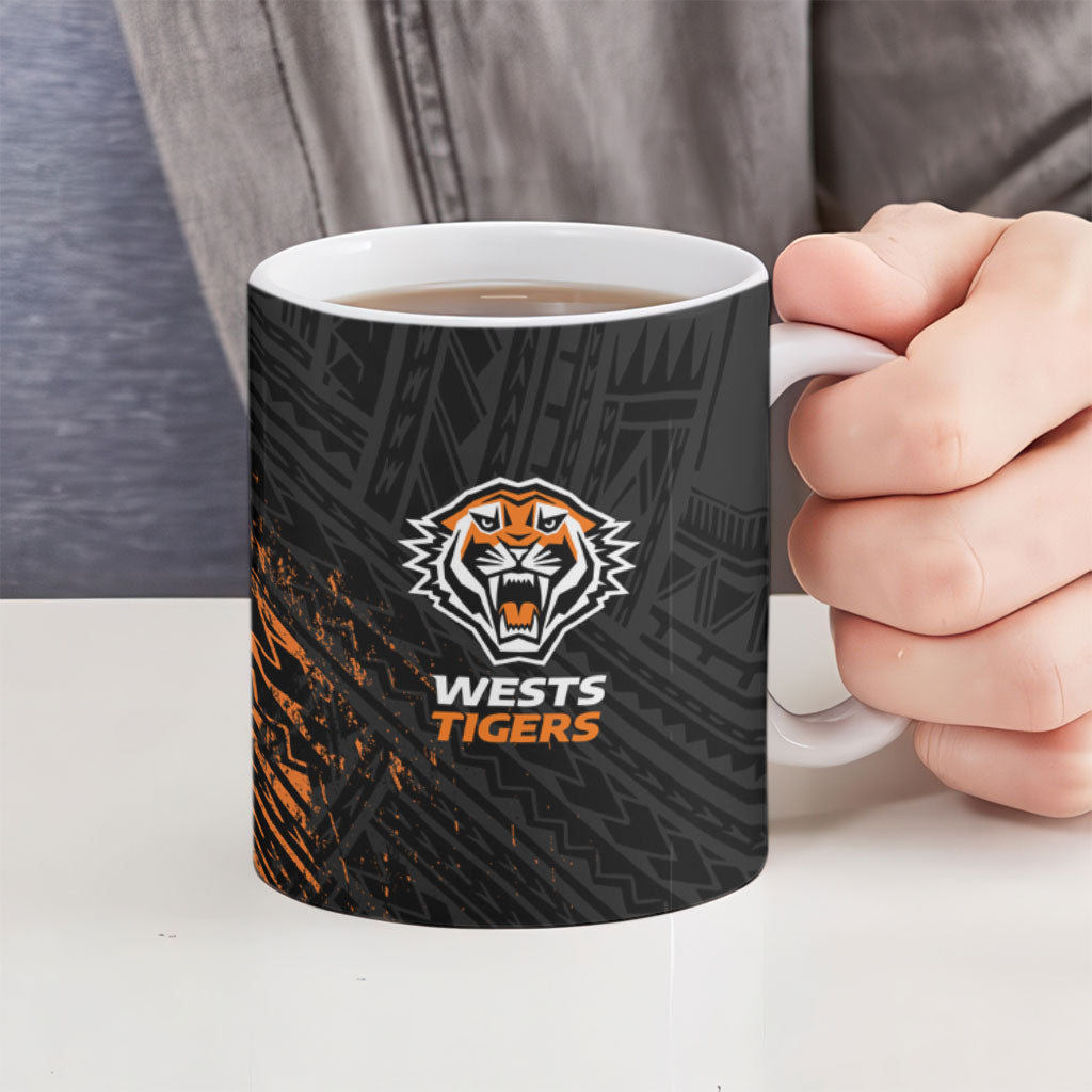 Wests Tigers Rugby Ceramic Mug Tribal Polynesian Power Art - Lightning Mascot