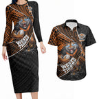 Wests Tigers Rugby Couples Matching Long Sleeve Bodycon Dress and Hawaiian Shirt Tribal Polynesian Power Art - Lightning Mascot