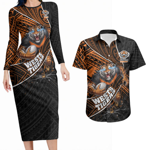Wests Tigers Rugby Couples Matching Long Sleeve Bodycon Dress and Hawaiian Shirt Tribal Polynesian Power Art - Lightning Mascot