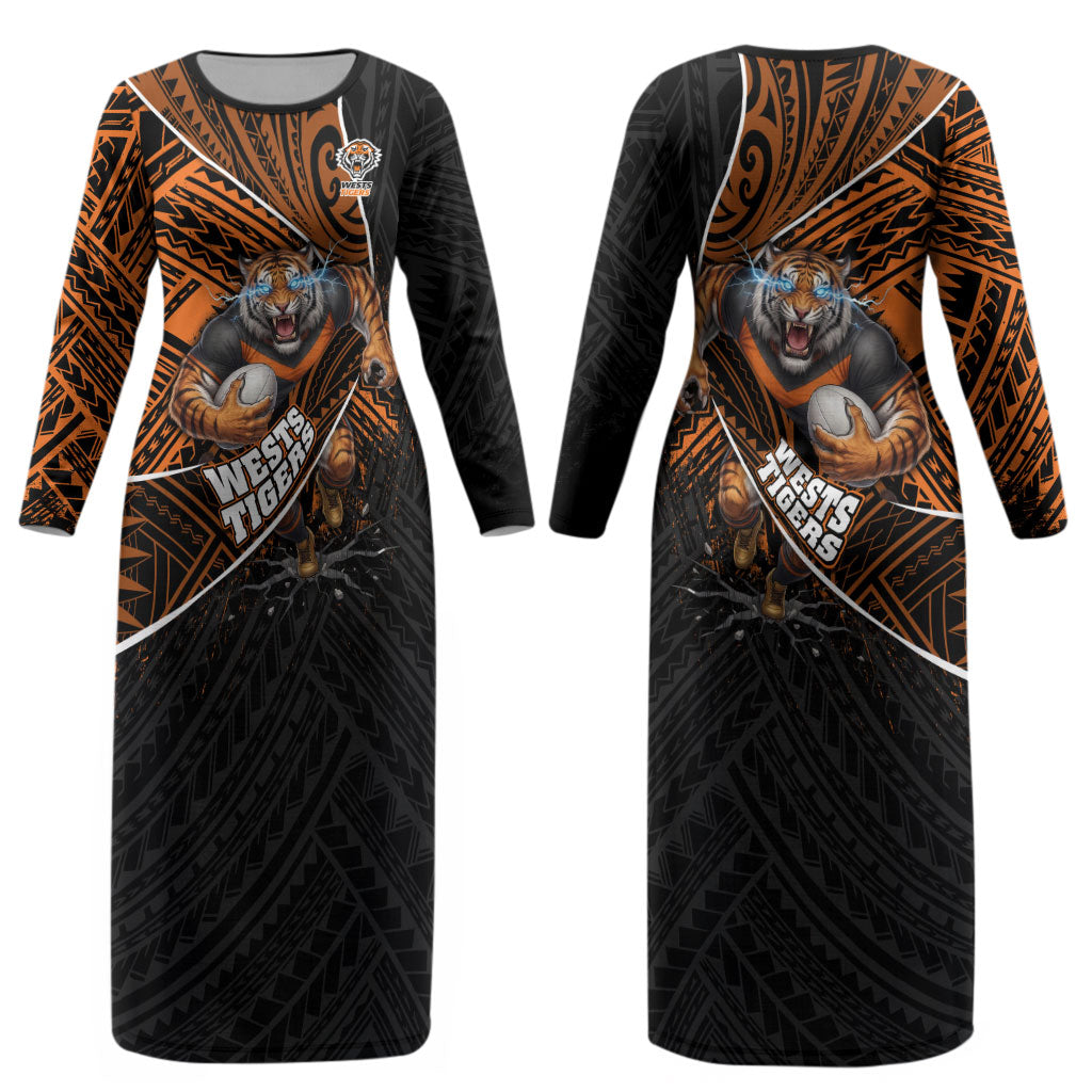 Wests Tigers Rugby Couples Matching Long Sleeve Bodycon Dress and Hawaiian Shirt Tribal Polynesian Power Art - Lightning Mascot