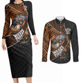 Wests Tigers Rugby Couples Matching Long Sleeve Bodycon Dress and Long Sleeve Button Shirt Tribal Polynesian Power Art - Lightning Mascot