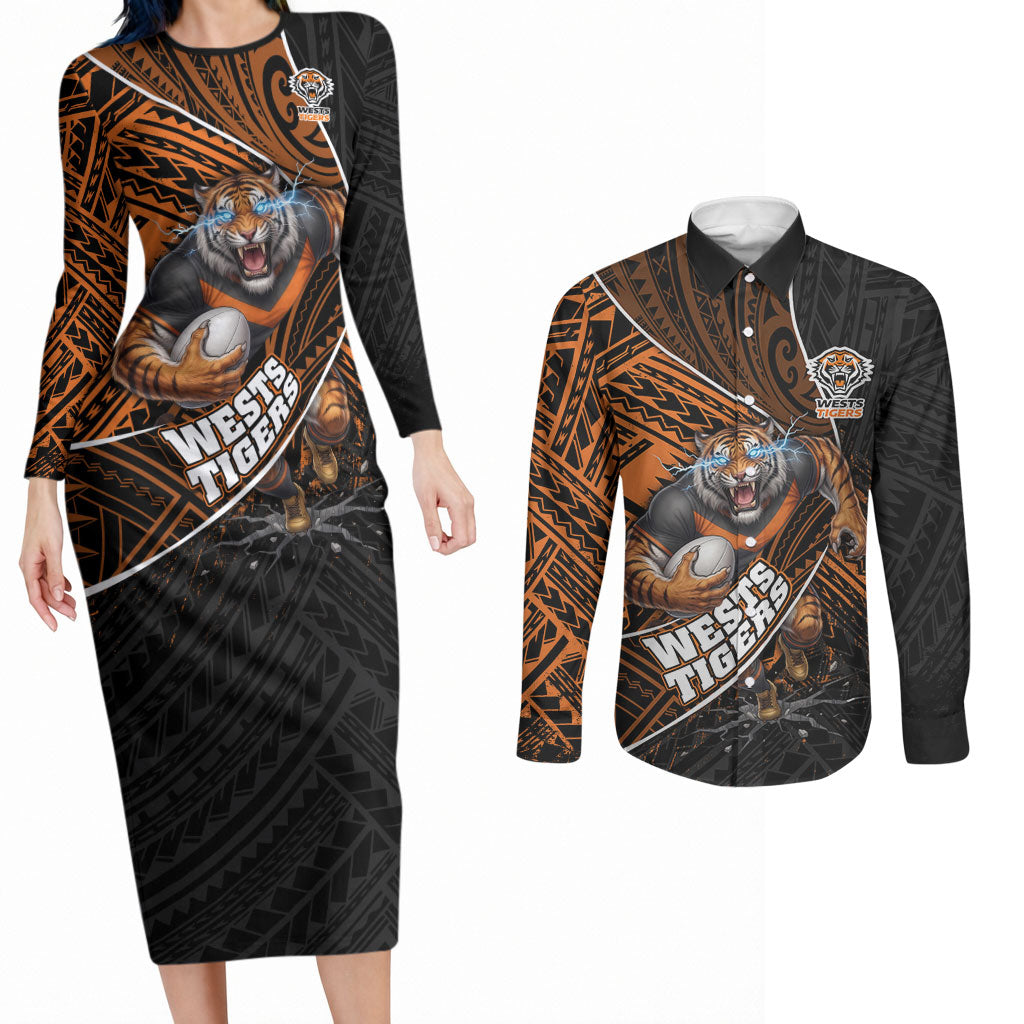 Wests Tigers Rugby Couples Matching Long Sleeve Bodycon Dress and Long Sleeve Button Shirt Tribal Polynesian Power Art - Lightning Mascot