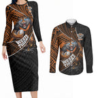 Wests Tigers Rugby Couples Matching Long Sleeve Bodycon Dress and Long Sleeve Button Shirt Tribal Polynesian Power Art - Lightning Mascot