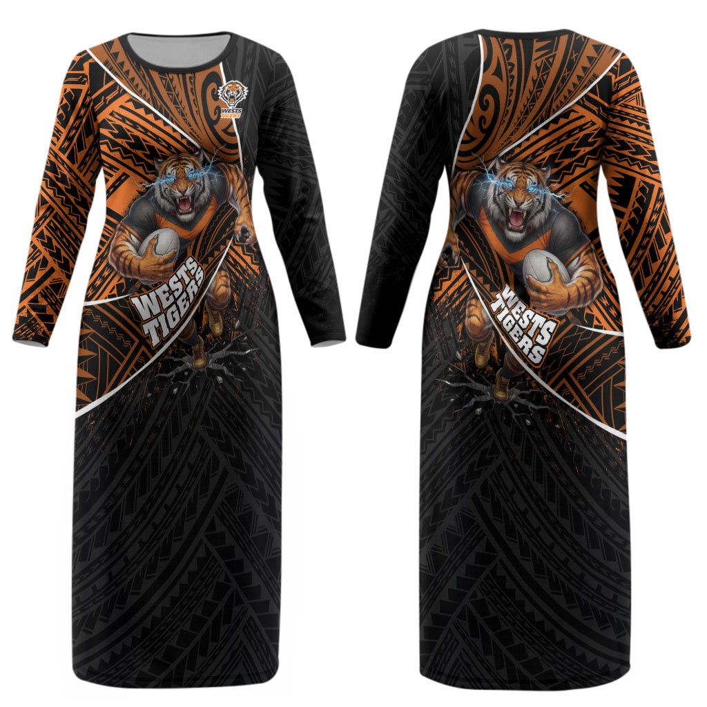Wests Tigers Rugby Couples Matching Long Sleeve Bodycon Dress and Long Sleeve Button Shirt Tribal Polynesian Power Art - Lightning Mascot