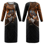 Wests Tigers Rugby Couples Matching Long Sleeve Bodycon Dress and Long Sleeve Button Shirt Tribal Polynesian Power Art - Lightning Mascot