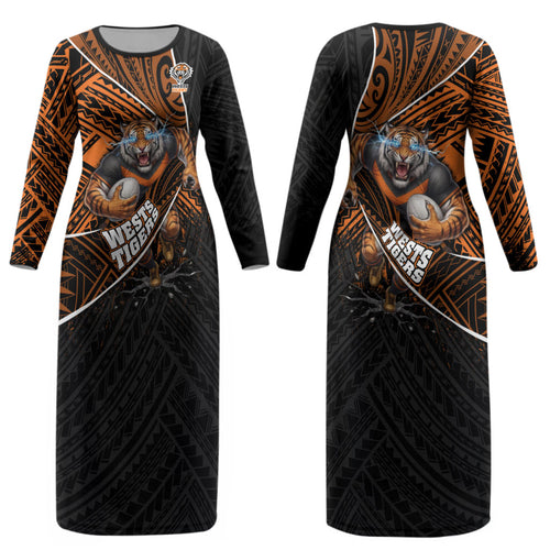 Wests Tigers Rugby Couples Matching Long Sleeve Bodycon Dress and Long Sleeve Button Shirt Tribal Polynesian Power Art - Lightning Mascot