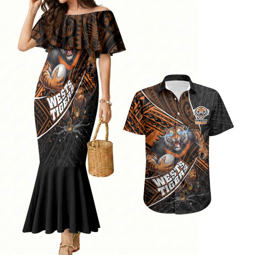 Wests Tigers Rugby Couples Matching Mermaid Dress and Hawaiian Shirt Tribal Polynesian Power Art - Lightning Mascot