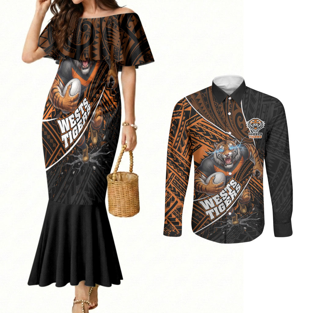 Wests Tigers Rugby Couples Matching Mermaid Dress and Long Sleeve Button Shirt Tribal Polynesian Power Art - Lightning Mascot