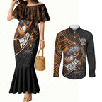 Wests Tigers Rugby Couples Matching Mermaid Dress and Long Sleeve Button Shirt Tribal Polynesian Power Art - Lightning Mascot
