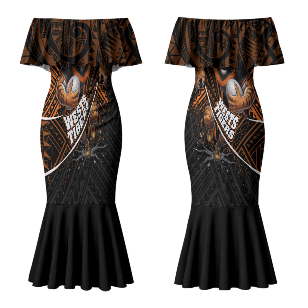 Wests Tigers Rugby Couples Matching Mermaid Dress and Long Sleeve Button Shirt Tribal Polynesian Power Art - Lightning Mascot