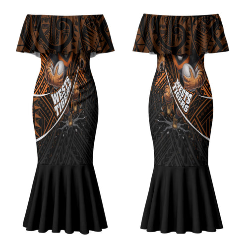 Wests Tigers Rugby Couples Matching Mermaid Dress and Long Sleeve Button Shirt Tribal Polynesian Power Art - Lightning Mascot
