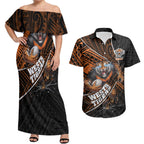 Wests Tigers Rugby Couples Matching Off Shoulder Maxi Dress and Hawaiian Shirt Tribal Polynesian Power Art - Lightning Mascot
