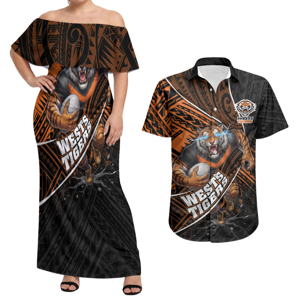 Wests Tigers Rugby Couples Matching Off Shoulder Maxi Dress and Hawaiian Shirt Tribal Polynesian Power Art - Lightning Mascot