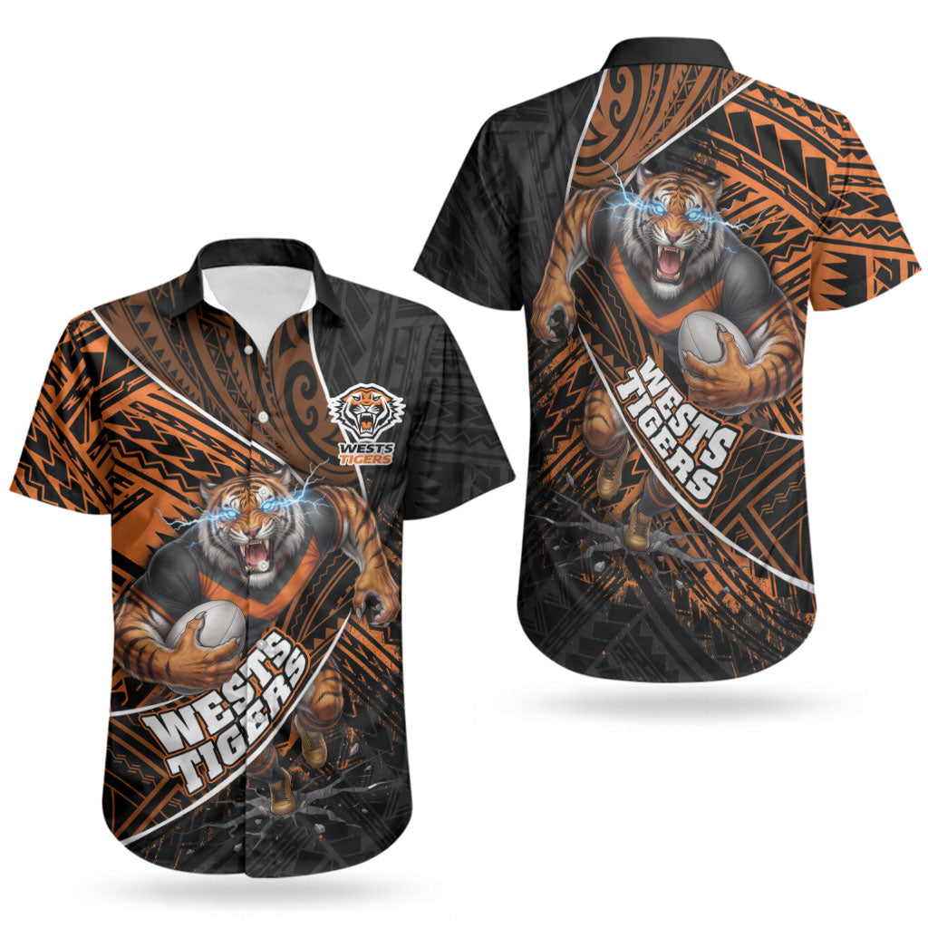 Wests Tigers Rugby Couples Matching Off Shoulder Maxi Dress and Hawaiian Shirt Tribal Polynesian Power Art - Lightning Mascot