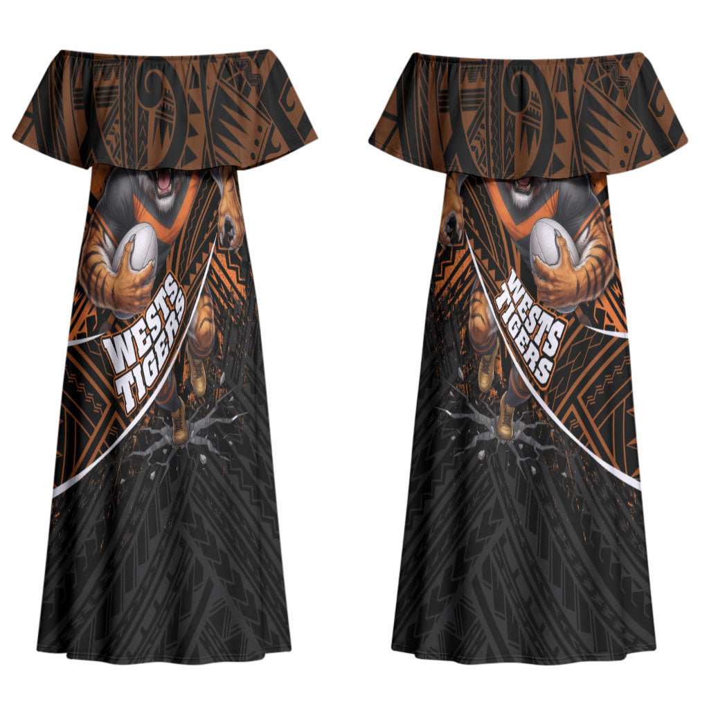 Wests Tigers Rugby Couples Matching Off Shoulder Maxi Dress and Hawaiian Shirt Tribal Polynesian Power Art - Lightning Mascot
