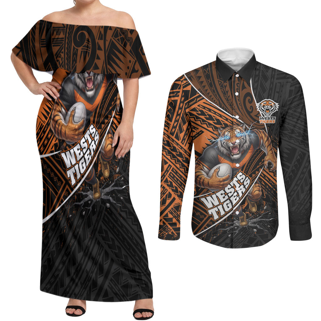 Wests Tigers Rugby Couples Matching Off Shoulder Maxi Dress and Long Sleeve Button Shirt Tribal Polynesian Power Art - Lightning Mascot