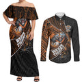 Wests Tigers Rugby Couples Matching Off Shoulder Maxi Dress and Long Sleeve Button Shirt Tribal Polynesian Power Art - Lightning Mascot