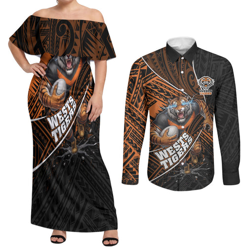 Wests Tigers Rugby Couples Matching Off Shoulder Maxi Dress and Long Sleeve Button Shirt Tribal Polynesian Power Art - Lightning Mascot