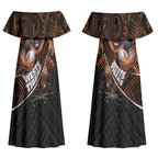 Wests Tigers Rugby Couples Matching Off Shoulder Maxi Dress and Long Sleeve Button Shirt Tribal Polynesian Power Art - Lightning Mascot