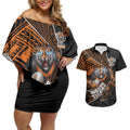Wests Tigers Rugby Couples Matching Off Shoulder Short Dress and Hawaiian Shirt Tribal Polynesian Power Art - Lightning Mascot